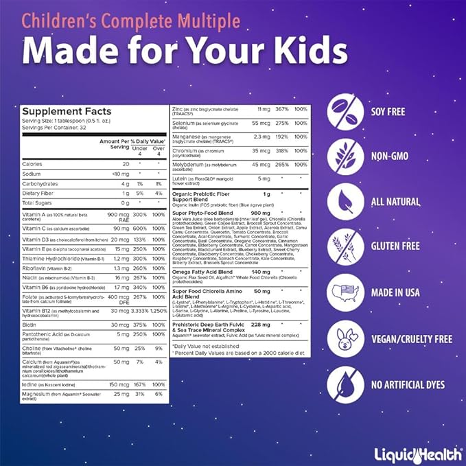 LIQUIDHEALTH Children's Complete Liquid Multivitamin for Kids, Toddlers - Essential Vitamins, Nutrients & Minerals, Immune Support, Gut Health - Made in The USA, Vegan, Non GMO, Sugar-Free (2 Pack)