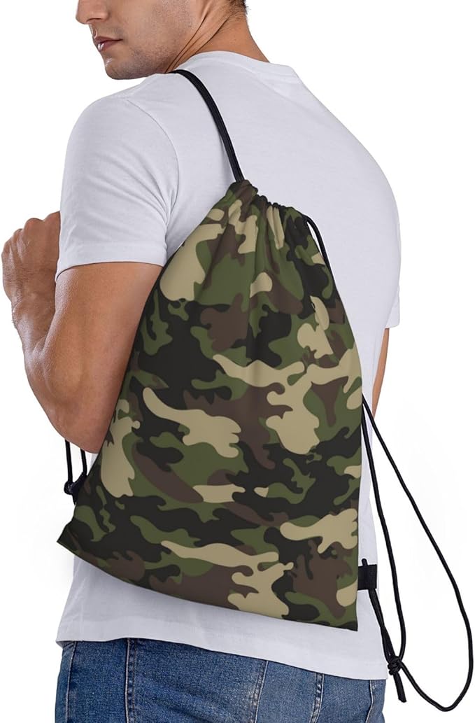 Camo Drawstring Backpack Cool Camouflage Drawstring Bags Gym Sports Bag Army Green Cinch Bag Camo Polyester Sackpack Woodland Travel Storage Bag