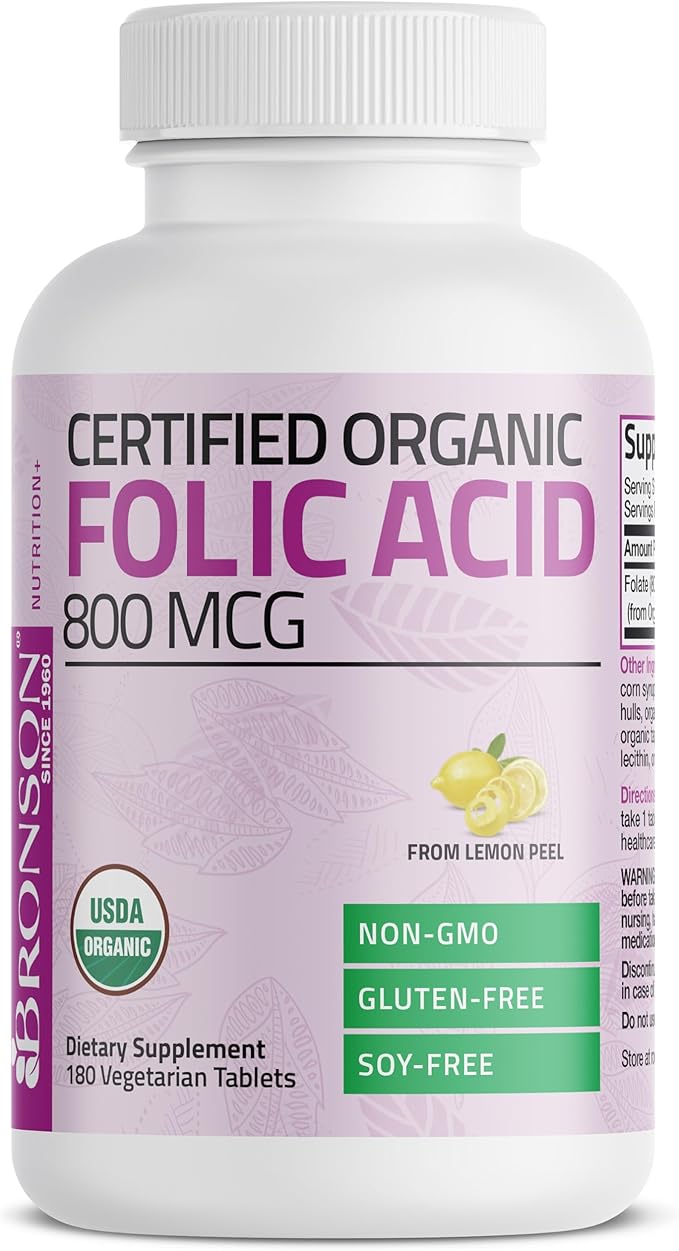 Bronson Organic Folic Acid (Vitamin B9 Folate) 800 mcg Natural Folate from Lemon Peel, 180 Tablets