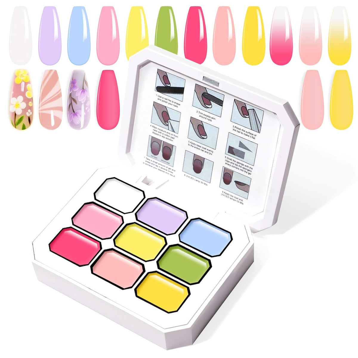 Gradient Painting Gel, 9 Bright Colors Ombre Gel Nail Polish Spring Summer Light Pink Blue for Pigment Pat Nails Aura Nails, French Manicure DIY Nail Art Long Lasting Palette Fairy Spring