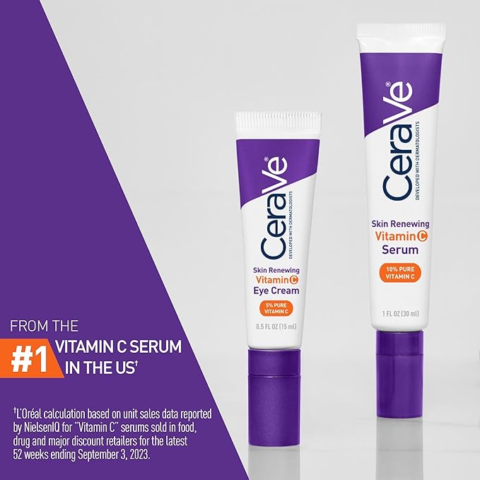 CeraVe Skin Renewing Vitamin C Eye Cream, Vitamin C, Hyaluronic Acid, Ceramides & Caffeine, Under Eye Cream For Dark Circles and Puffiness, Fragrance Free & Ophthalmologist Tested, 0.5 Fl. Oz