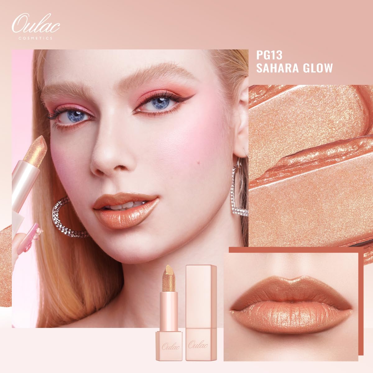 Oulac Infinity Moisture Shine Lipstick - High Shine Shimmery Finish, Super Creamy Texture, Medium to High Coverage - Gluten Free, PG13 Sahara Glow