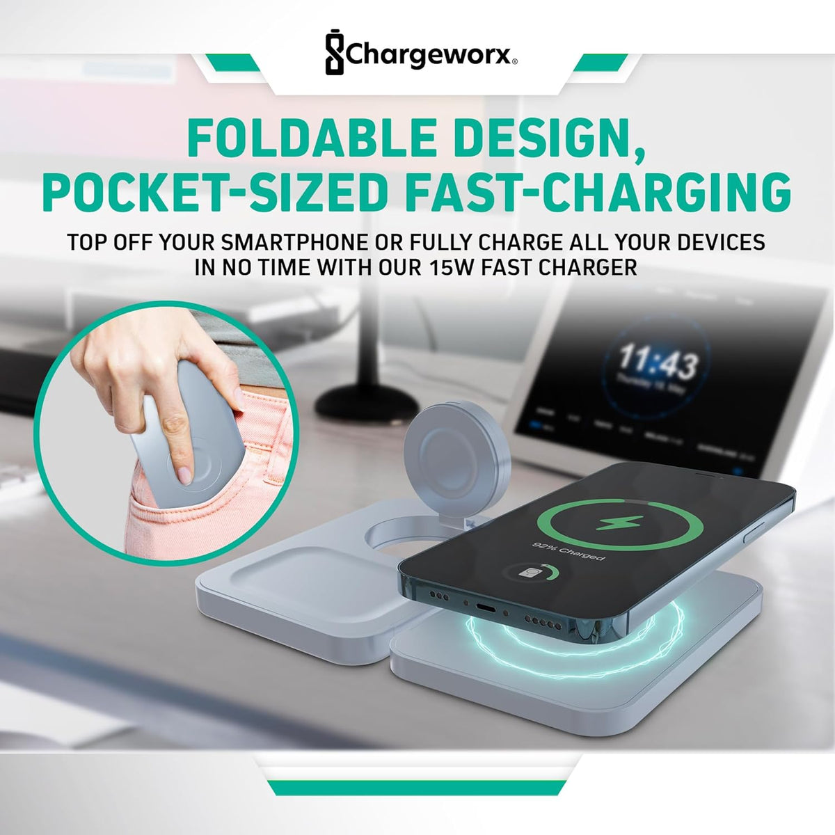 CHARGEWORX 3-in-1 Wireless Charger, Foldable Magnetic Charging Station with 15-Watt Fast Charging, Compatible with iPhone, Samsung, and Other Phones, Smartwatches, and Headphones, Blue