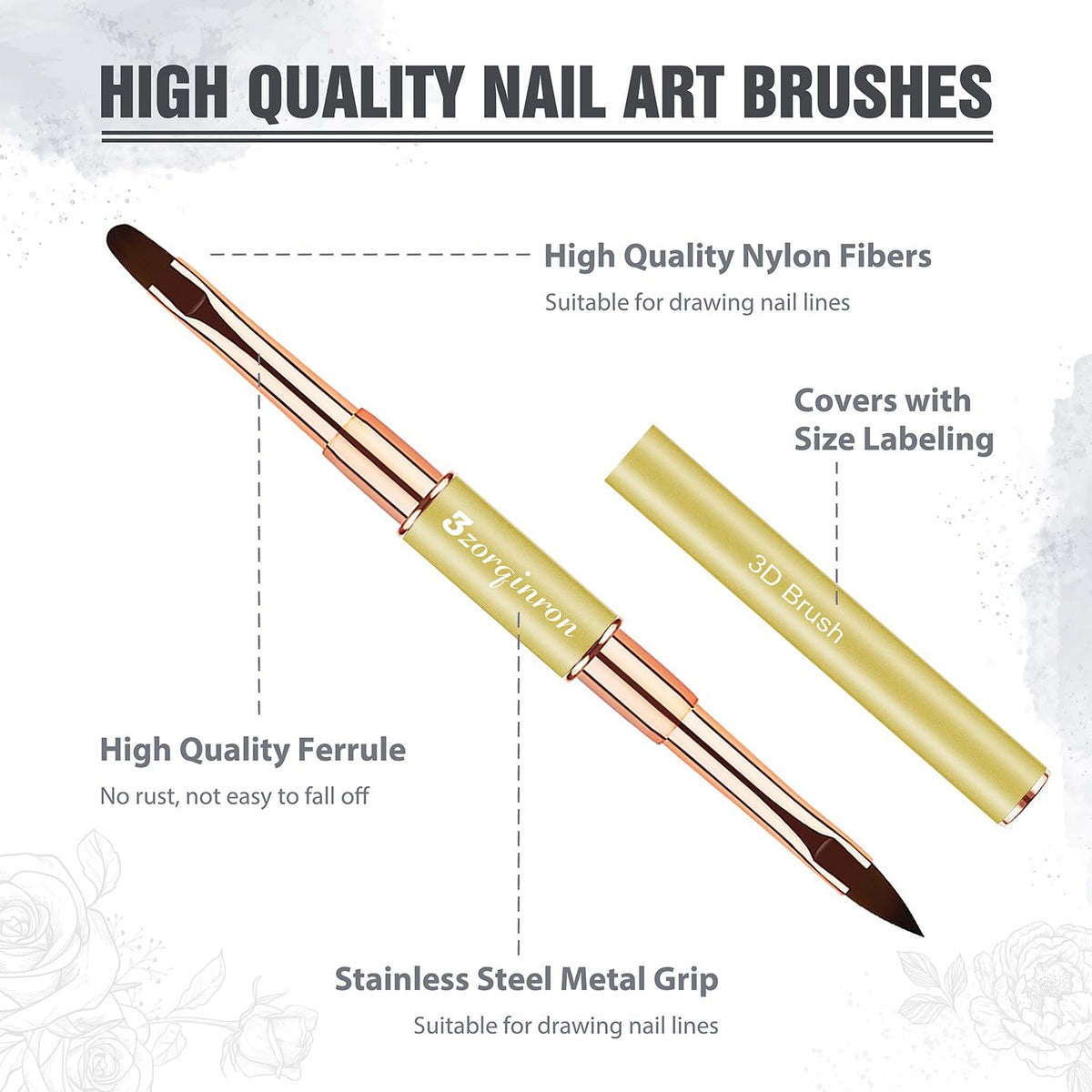 Nail Art Brushes for Nail Art, Professional 5Pcs Double-Ended Acrylic Nail Brush Set for Details, Long Lines, Ombre & 3D Design-Perfect for DIY Manicures & Salons (Gold)