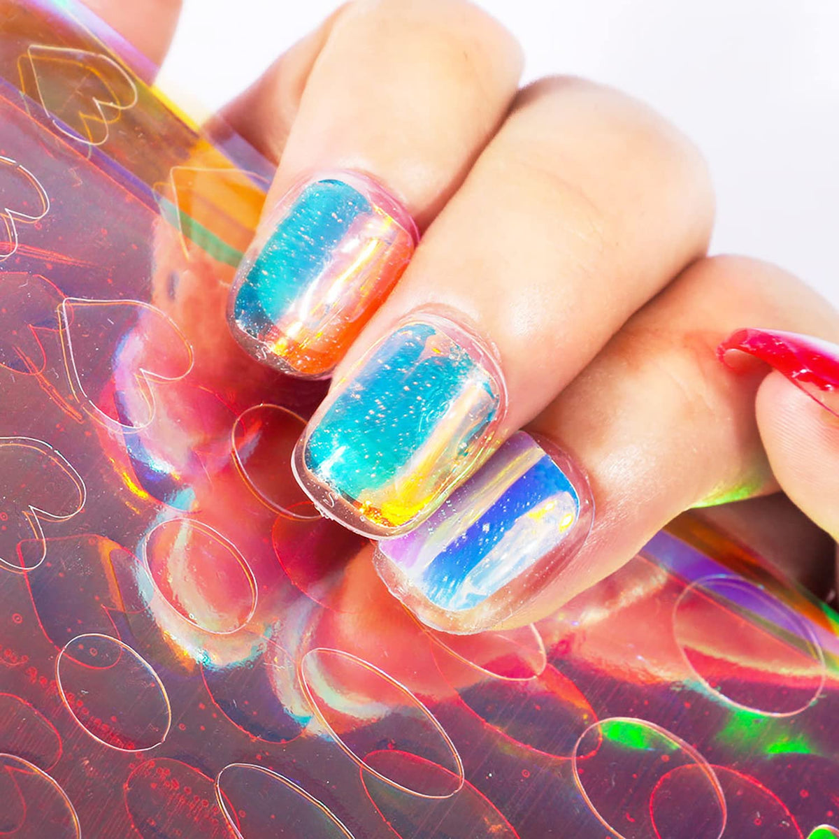 SILPECWEE 11 Sheets Aurora Nail Foil Laser Nail Stickers Glass Paper Nail Art Stickers Iridescent Cellophane Nails Designs Sticker Holographic Film 3D Nails Decoration for Women Kids