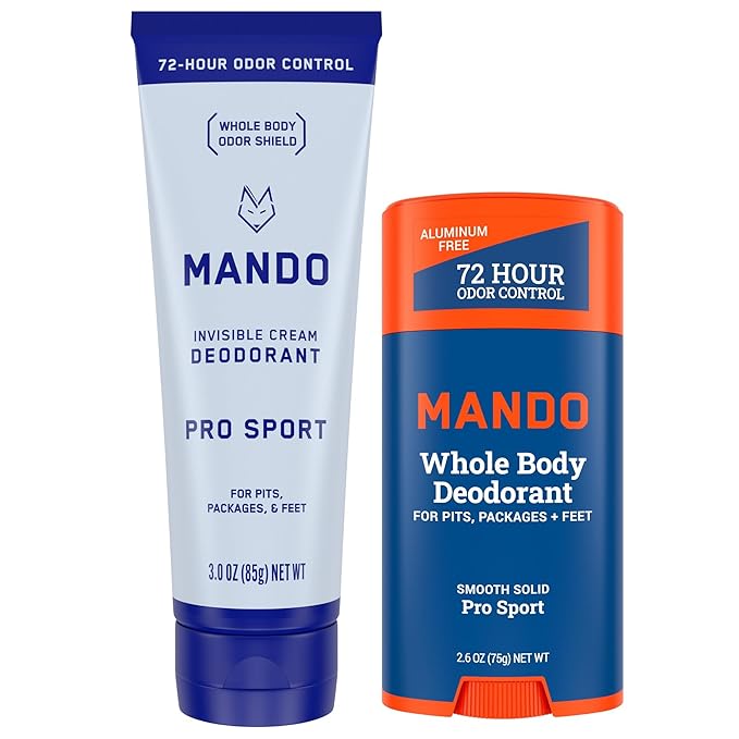 Mando Whole Body Deodorant - Invisible Cream and Solid Formulas - 72 Hour Odor Control - Aluminum & Baking Soda Free - Skin Safe - 3 oz Cream & 2.6 oz Solid Bundle - Pro Sport