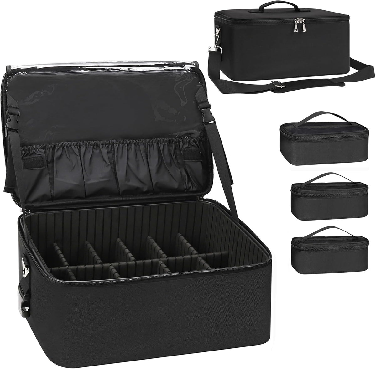 Relavel Makeup Bag Large Makeup Case Professional Cosmetic Storage Organizer Box Brush Holder with 3 Clear Set Bags for Makeup Artists with Shoulder Strap & Adjustable Dividers
