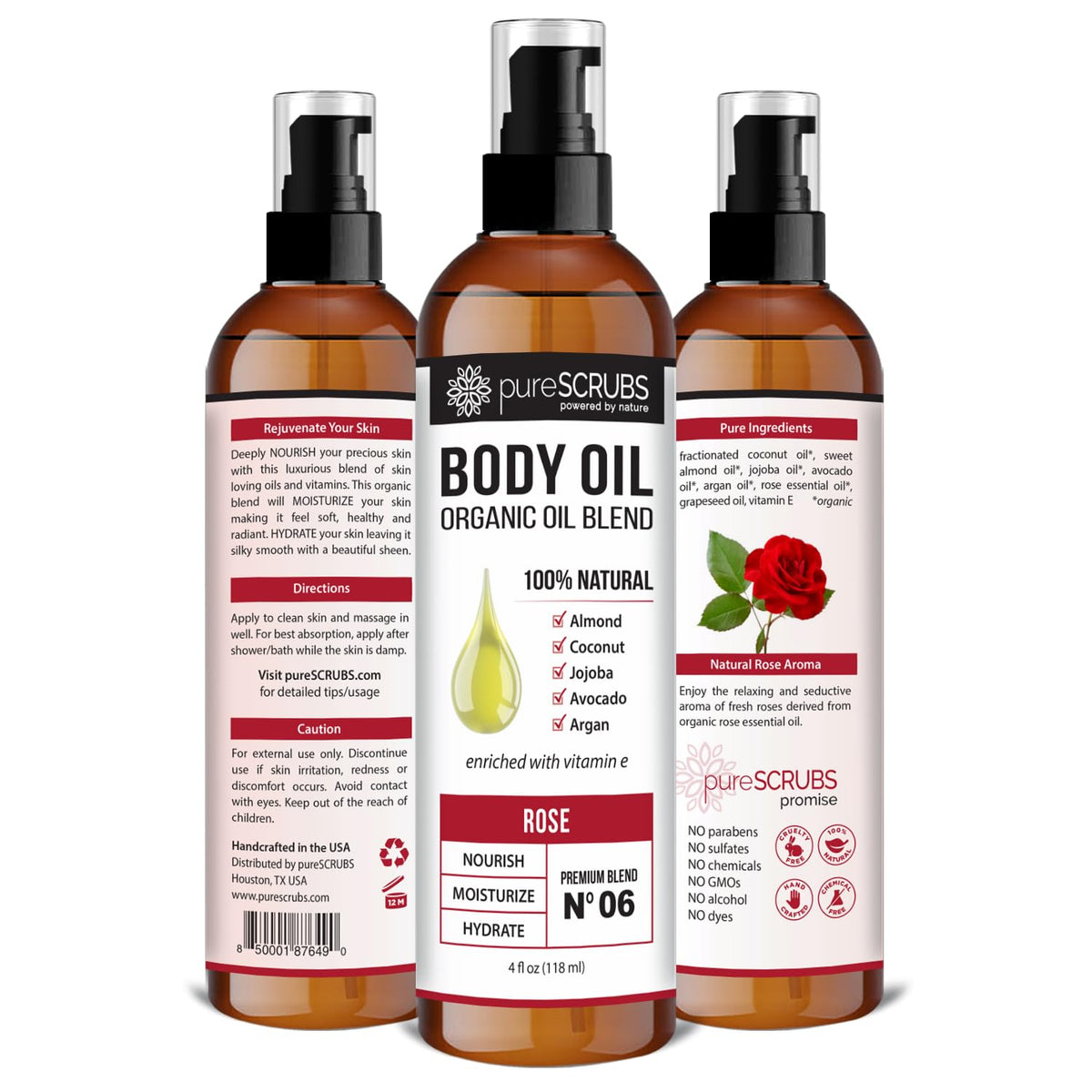 pureSCRUBS Ultra Moisturizing Rose Body Oil Spray for Dry Skin, Massage, Cuticles & More, Organic Super Blend of Jojoba, Argan, Coconut, Sweet Almond & Avocado Oils Enriched with Vitamin E, Lg 4oz