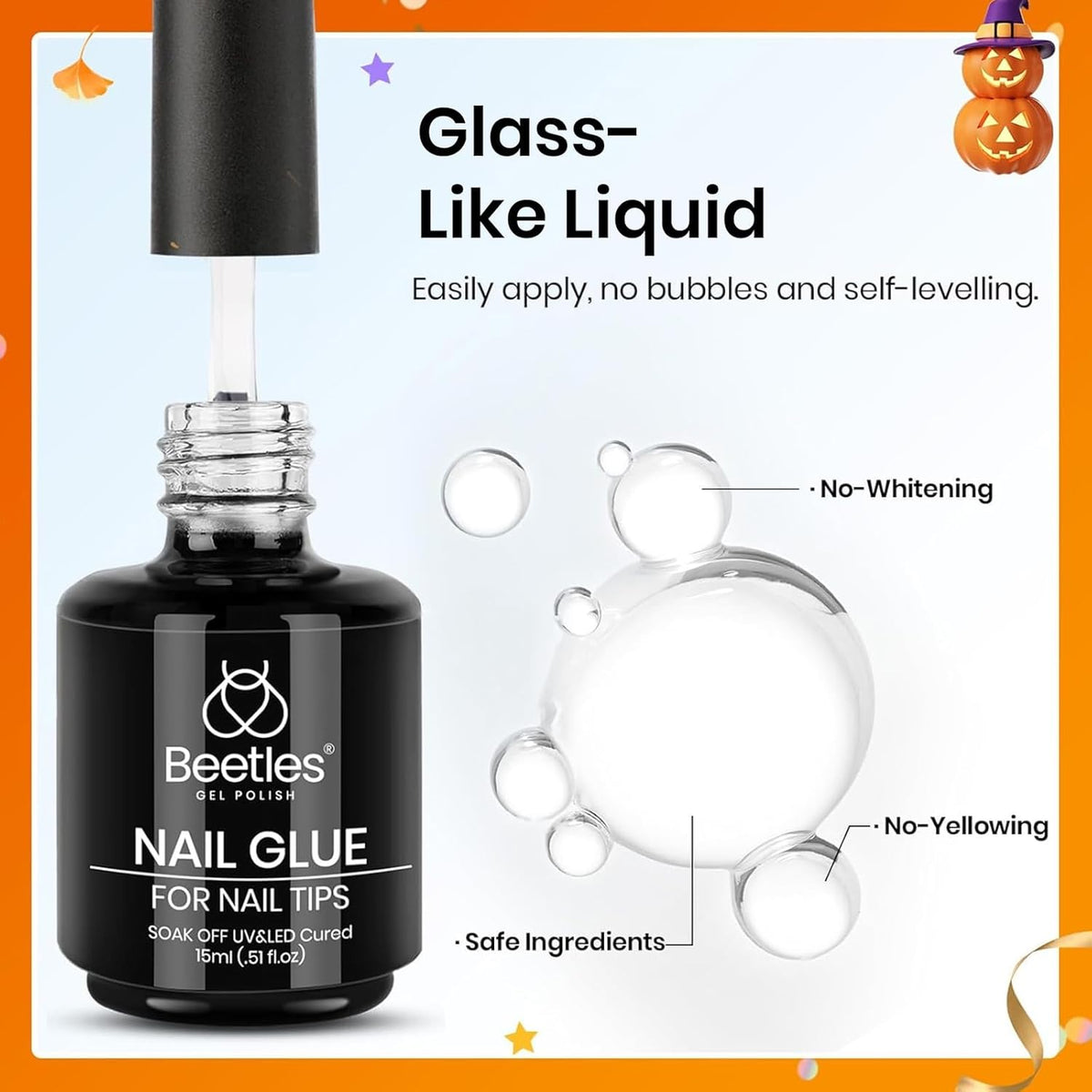 Beetles 15ml Gel Nail Glue 9 in 1 for Acrylic Nails Tips and Clear Press on Nails, Long Lasting Extension Glue, Base Coat, Blooming Art Gel, Fall Halloween Nails, U V Light Cured