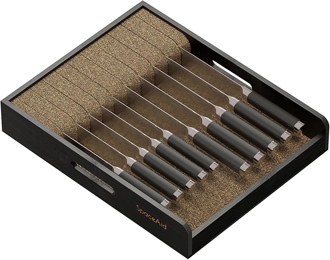 SpaceAid Large Knife Drawer Organizer Bamboo Insert Dock, Kitchen Steak Knives Holder Organizers Block for Drawer in Storage Organization (Large, Black)