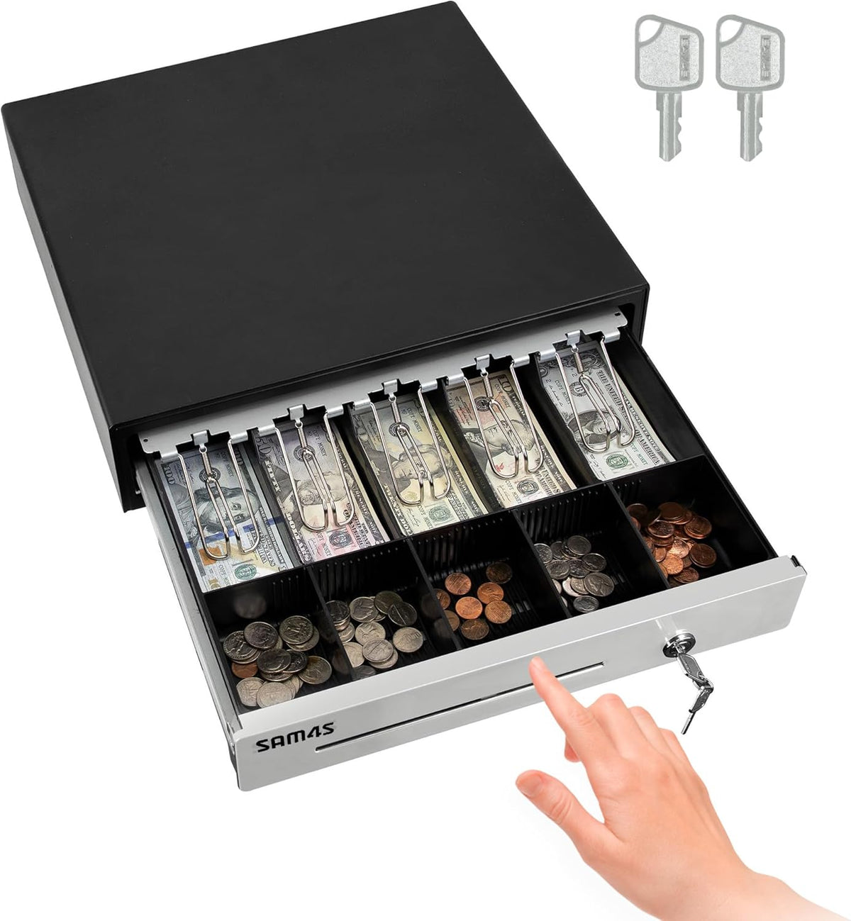 SAM4s 16" Heavy Duty Black Manual Push Open Cash Drawer with 5Bill/5Coin Stainless Steel