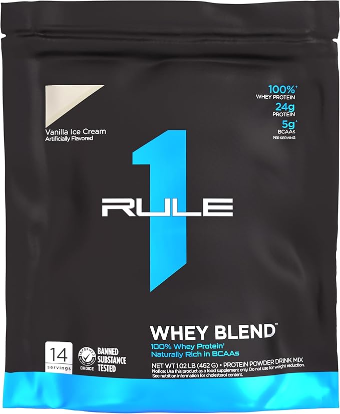 Rule One Proteins, R1 Whey Blend - 24g Fast-Acting Whey Protein Concentrates, Isolates, and Hydrolysates Per Serving, with Naturally Occurring EAAs and BCAAs (1 Pounds*, Vanilla Ice Cream)