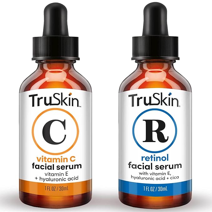TruSkin Face Serum Duo – Vitamin C & Retinol Serum for Face – Anti-Aging Skin Care Gift Set for Women – Helps Improve Appearance of Fine Lines & Wrinkles for Smoother Looking Skin, 1 Fl Oz, 2 Bottles