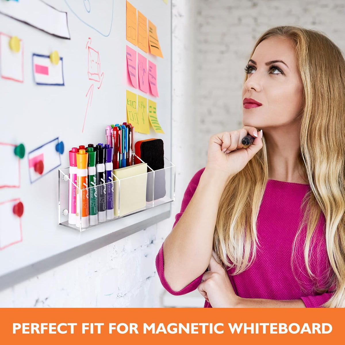 Magnetic Pen Holder Classroom Organization Acrylic Marker Holder for Whiteboard Refrigerator Locker Accessories Pencil Dry Erase Marker Basket (3 Compartments * 1)