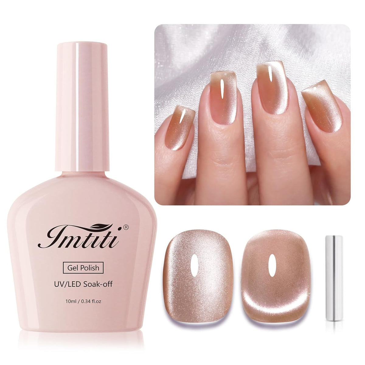 Imtiti Nude Cat Eye Gel Nail Polish, Moonlight Nude Holographic Cat Eyes Glitter Magnetic UV Soak Off Gel Polish with Magnetic Stick 1Pcs (0.34 Fl Oz-947)