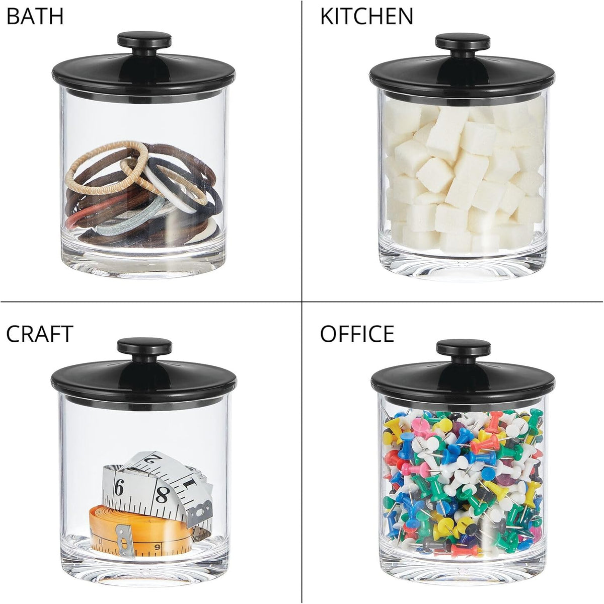 mDesign Small Modern Apothecary Storage Organizer Canister Jars - Acrylic Containers for Bathroom, Organization Holder for Vanity, Counter, Makeup Table, Lumiere Collection, 2 Pack, Clear/Black