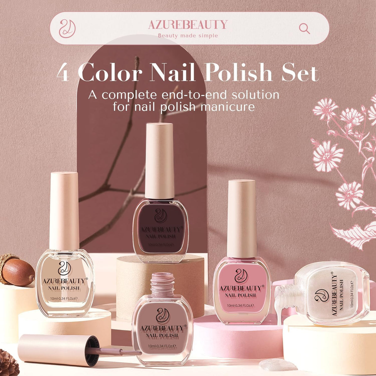 AZUREBEAUTY Nail Polish Set 4 Colors Pink Nude Glitter Nail Polish Quick Dry Natural Nail Lacquer Fingernail Kit with Top Coat DIY Salon Home
