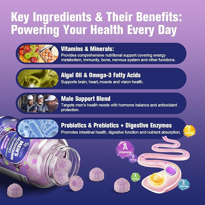 Multivitamin for Men, Mens Multivitamins Gummies w/Omega-3, Probiotics, Inositol, Folate, Biotin, Zinc, Vitamins A, C, D, E, B, - Support Heart, Brain, Muscle, Energy, Sugar-Free, Blackberry Flavor