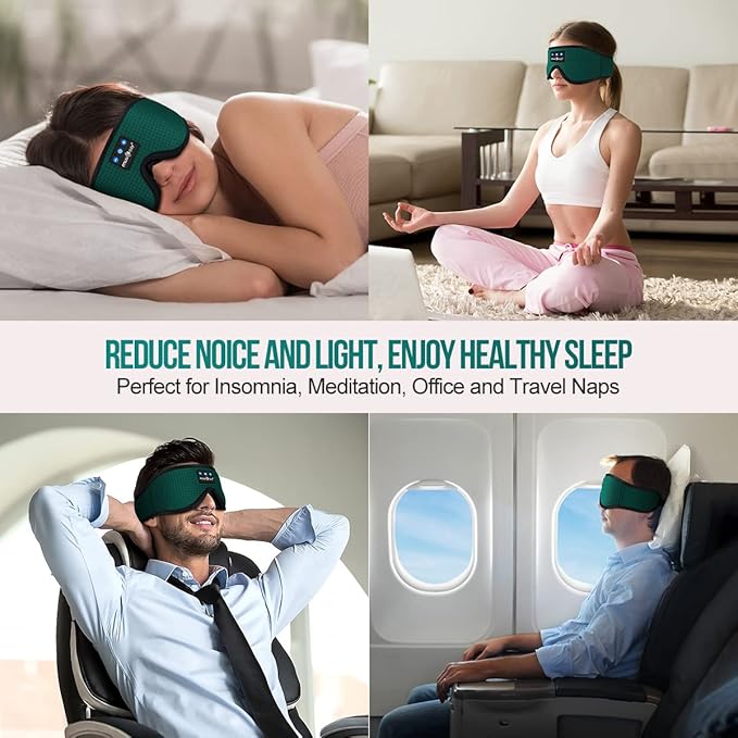 MUSICOZY Sleep Headphones Breathable Bluetooth Headband 3D Sleeping Headphones, Wireless Music Eye Mask Sleep Earbuds for Side Sleeper Women,Men Office Air Travel Cool Tech Gadgets Unique Gifts Green
