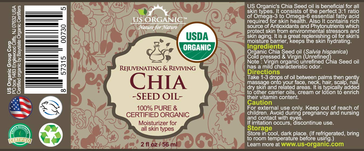 US Organic Chia Seed Oil, Certified Organic, Pure & Natural, Cold Pressed Virgin, Unrefined, Sourced from Paraguay, in Amber Glass Bottle w/Glass Eyedropper for Easy Application (2 oz (56 ml))