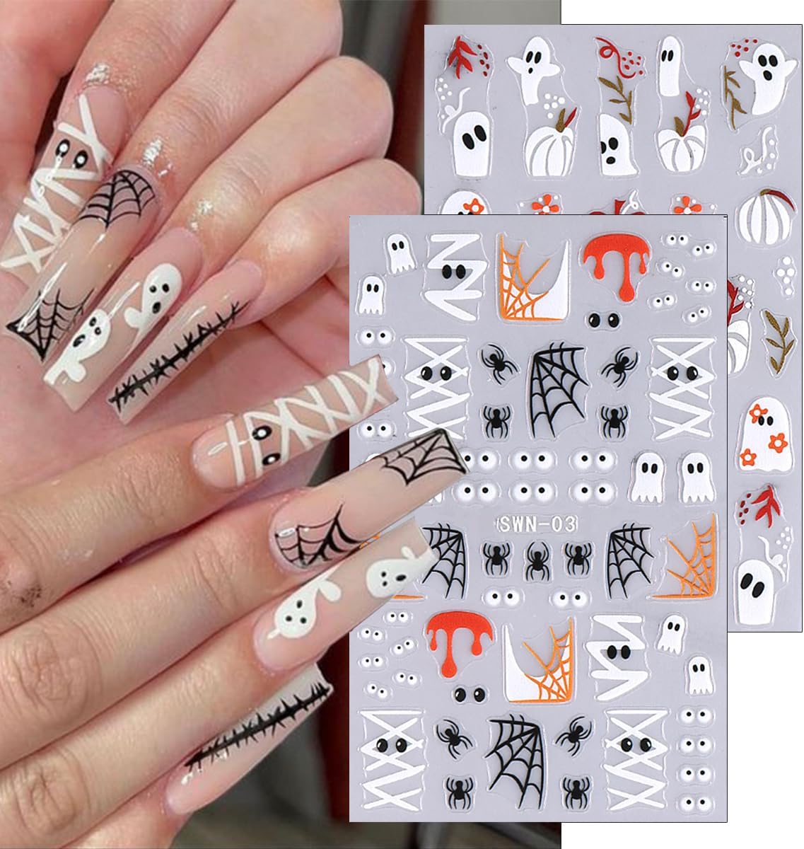6Sheets Halloween Nail Stickers - Cute Ghost Nail Decals, 3D Self-Adhesive Pink Pumpkin Spider Web Mummy Ghost Nail Art Design Stickers for Women