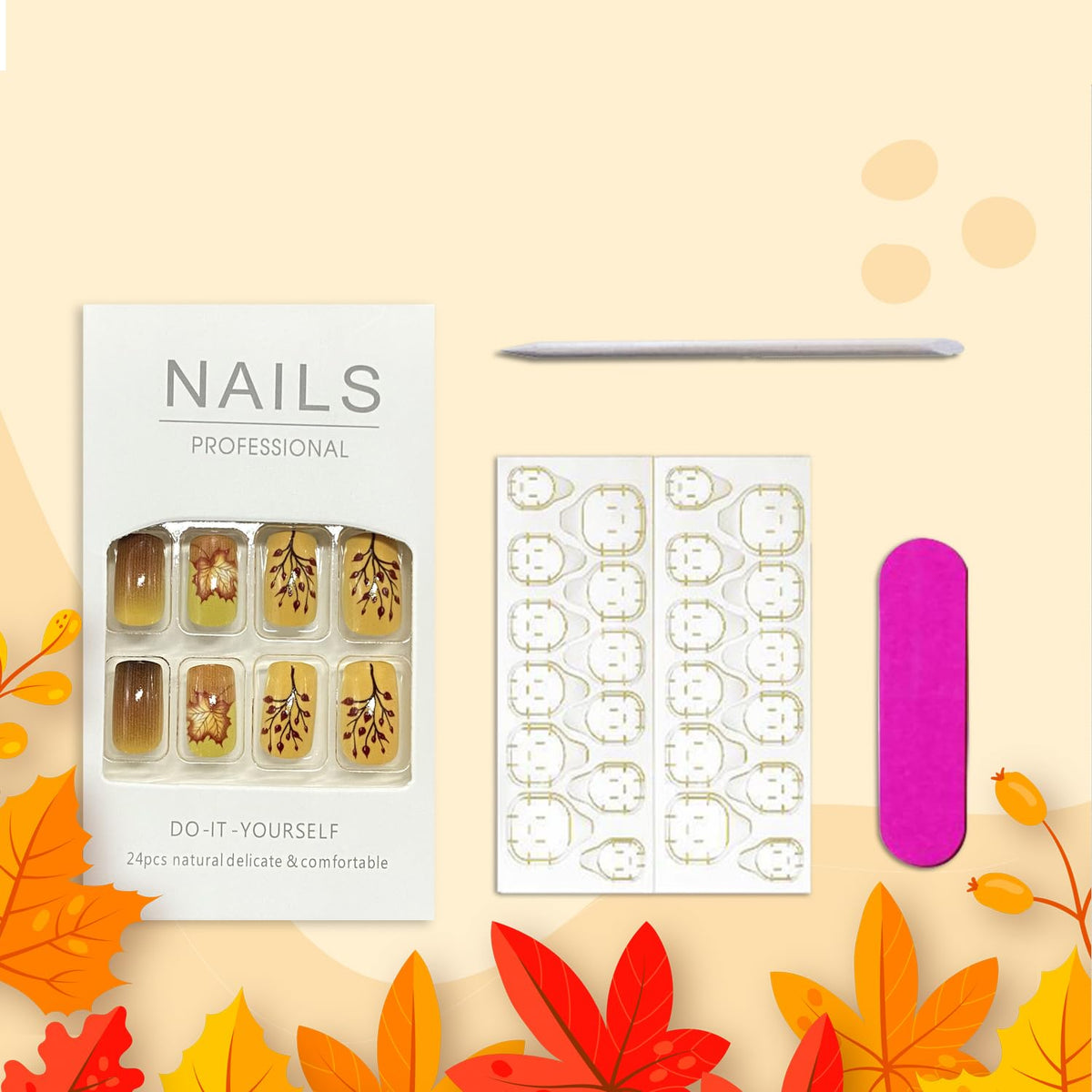 Brown Gradient Maple Leaf Press on Nails Medium Square Fall Fake Nails Thanksgiving Maple Leaves Glue on Nail Glossy Autumn Acrylic Stick on Nail for Women DIY Manicure