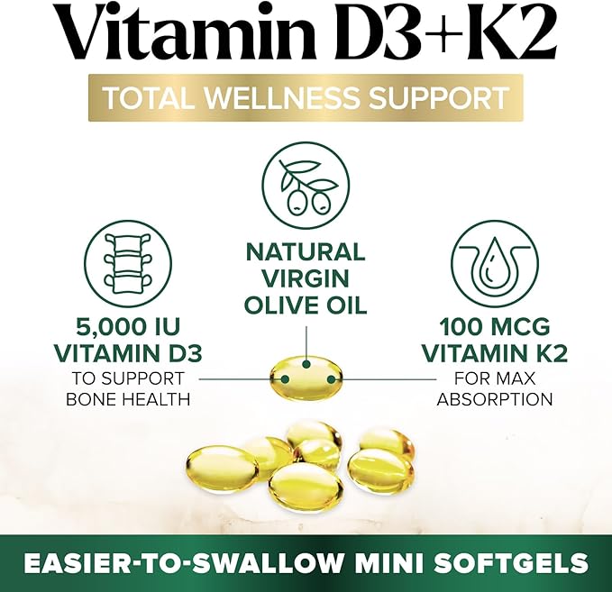 Vitamin D3 K2 Supplement | 5000 IU Vitamin D3 & 100 mcg Vitamin K2, 2 in 1 Vitamin D with K2 Complex Softgels, Support Immune, Heart, Joint, Teeth & Bone Health, Easy to Swallow, Non-GMO, 240 Softgels