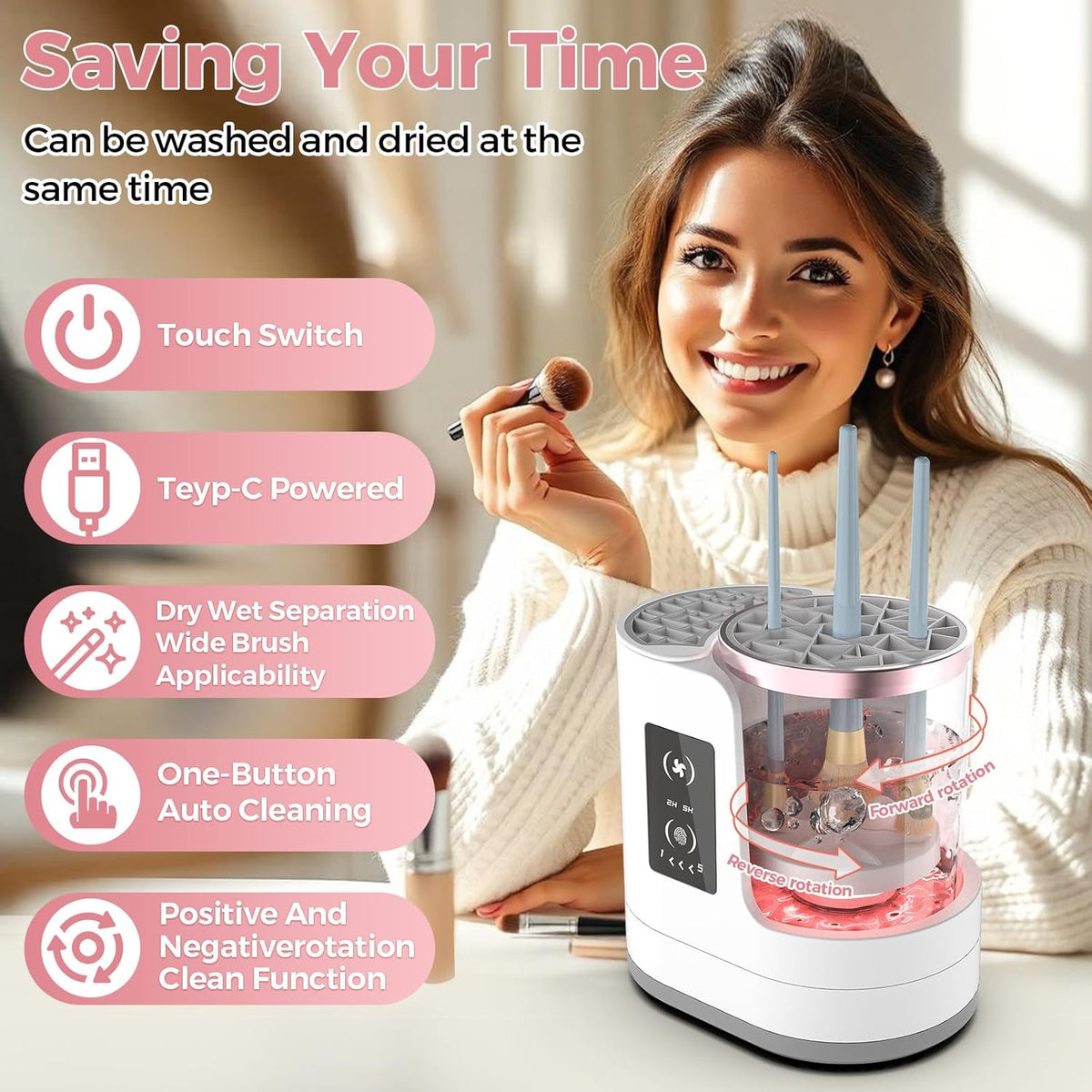 THEMARS 3 IN 1 Electric Makeup Brush Cleaner Machine With Dryer, USB Portable Automatic Cosmetic Brushes Cleaner