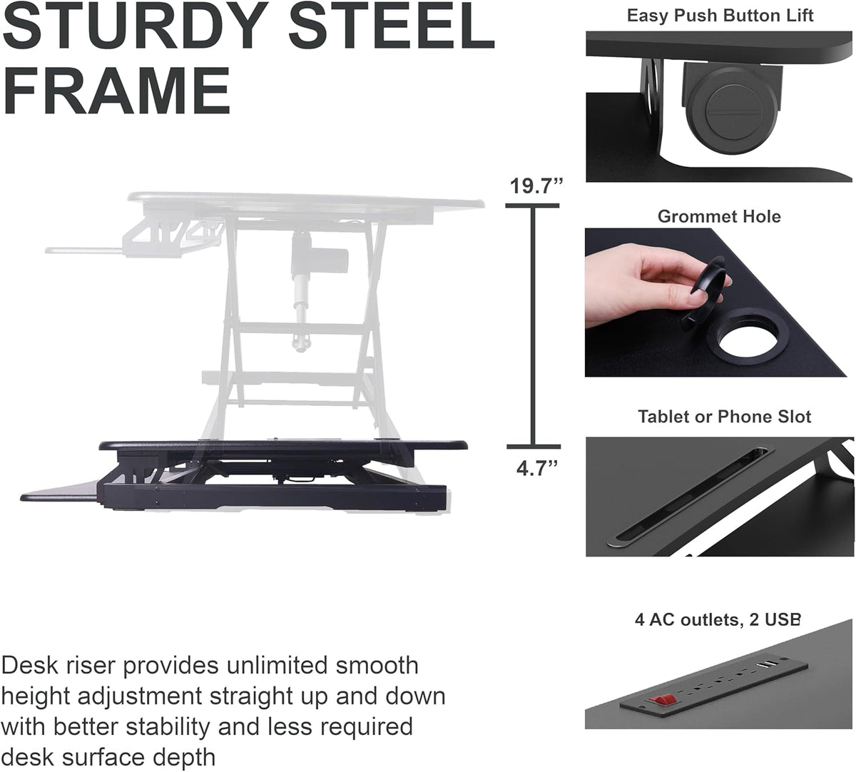 Rocelco 37.4" Electric Standing Desk Converter with Anti-Fatigue Floor Mat - AC USB Charger - Motorized Adjustable Sit Stand Up Computer Workstation Riser - Large Keyboard Tray - Black (R EDRB-MAFM)
