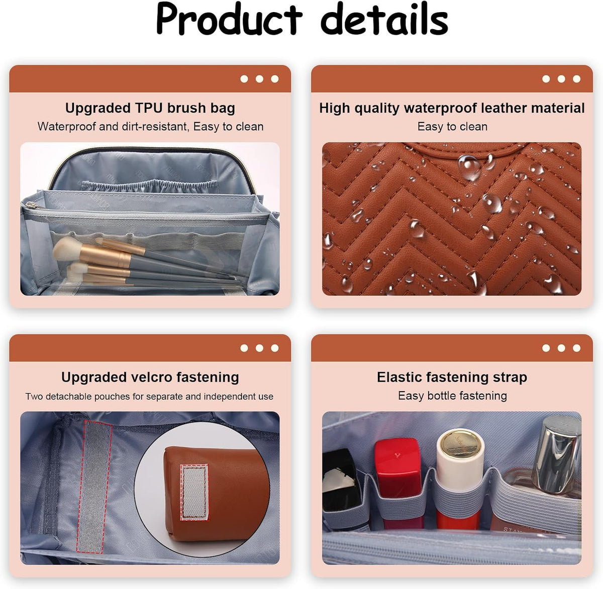 Travel Makeup Bags Cosmetic Organizer Bag: Quilted Make up Bag Set of 3 - PU Leather Toiletry Bags for Women - Portable Makeup Organizer with Compartments & Handle & Divider(14 Brown)