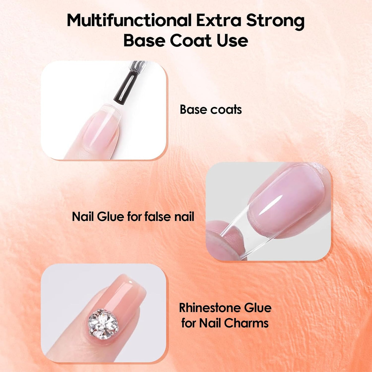 ADHERE Ultra Strong Base Coat for Nail Charms & Press on Nails, 15ml Long-Lasting Gel Polish, Soak Off LED Lamp UV Clear Foundation for Salon & DIY Art Design Manicure