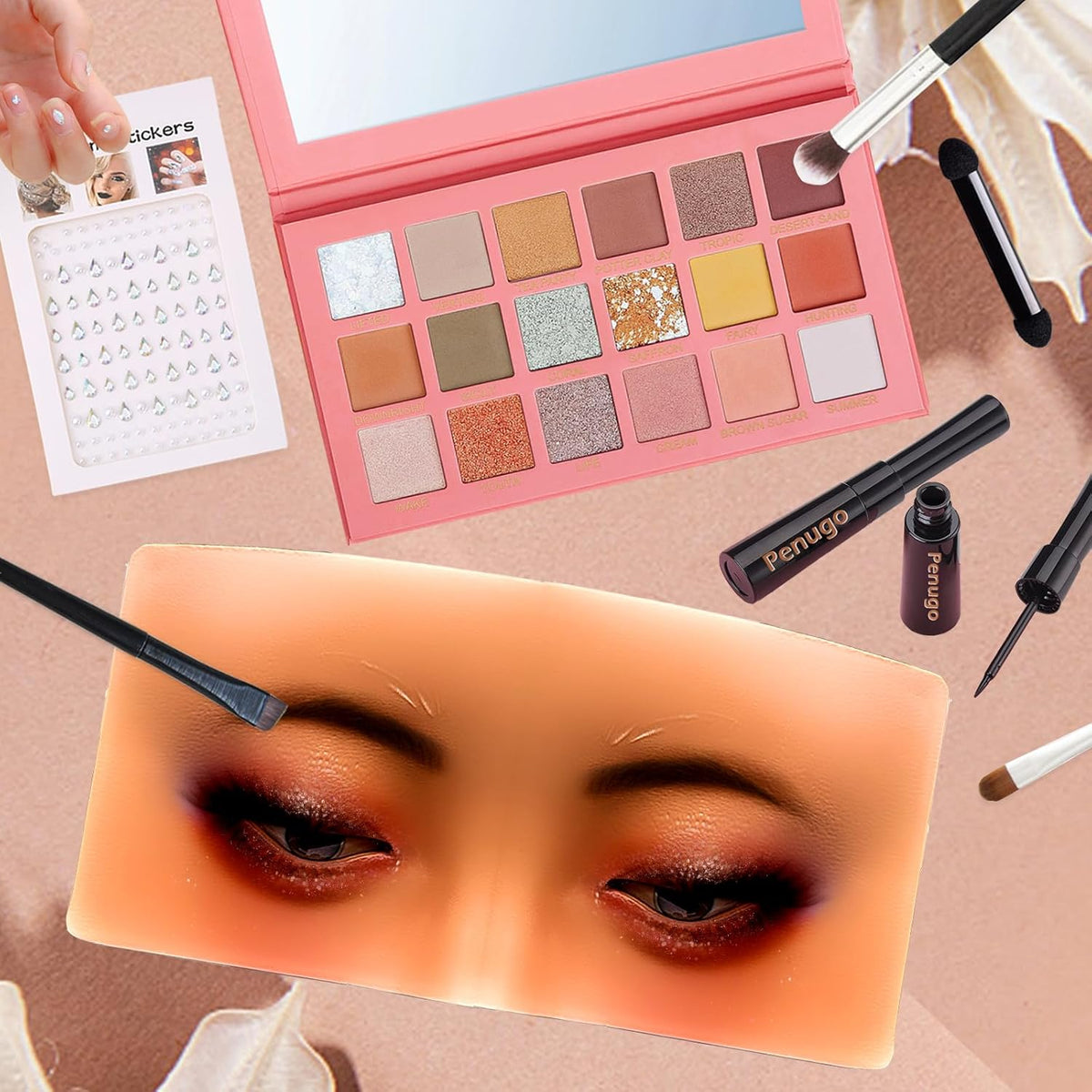 Mannequin Face for Makeup Practice, Makeup Practice Face Board with Makeup Brushes Rhinestones Sticker, Silicone Makeup Mannequin Face for Makeup Artist Supplies(Wheat colored)