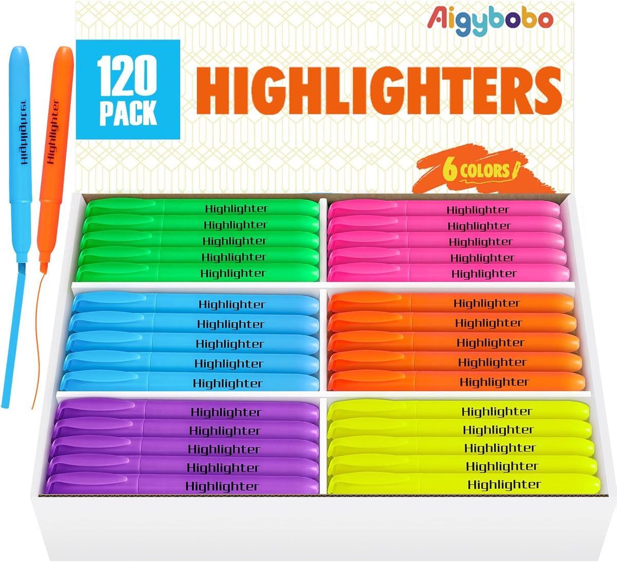 Aigybobo 120 Pack Highlighters in 6 Assorted Colors, Chisel Tip Dry-Quickly Highlighters Bulk, No Bleed Highlighter Markers for Kids Adults, Classroom Teachers Must Haves, School Office Supplies