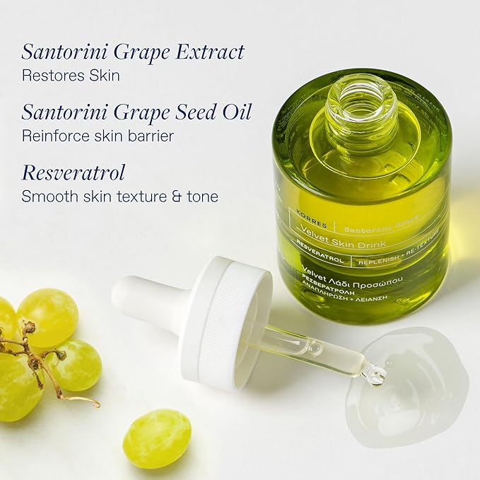 KORRES Santorini Grape Velvet Skin Drink, Hydrating Serum with Resveratrol, Grape Extract and Grape Seed Oil for Skin Care, Antioxidant Rich Face Oil to Support Smooth and Replenished Skin, 1 fl oz