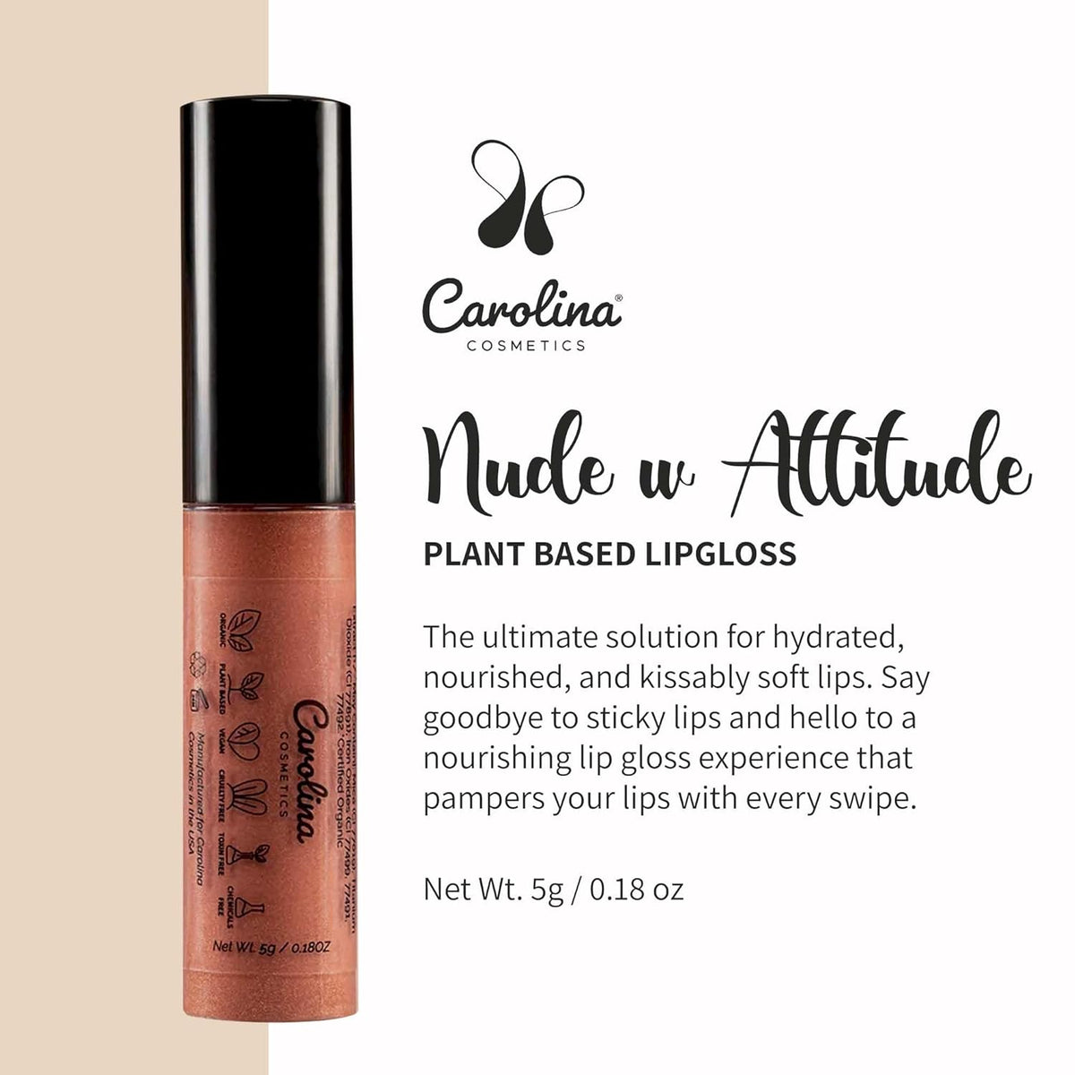 Plant-Based Non-Sticky Lip Gloss (Nude with Attitude) - Hydrating & Nourishing - Sunflower Seed Oil, Cacao & Grape Seed Oil - Gluten-Free, Vegan, Non-GMO, Paraben-Free - 5g/0.18oz
