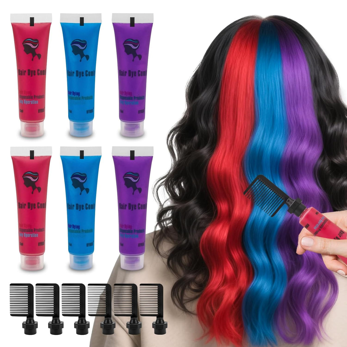Byhoo Blue Red Purple Temporary Hair Color for Dark Hair Dye, Cream Formula, Washable Hair Dye for Kids Girls Birthday Party Halloween Cosplay Hair Gift