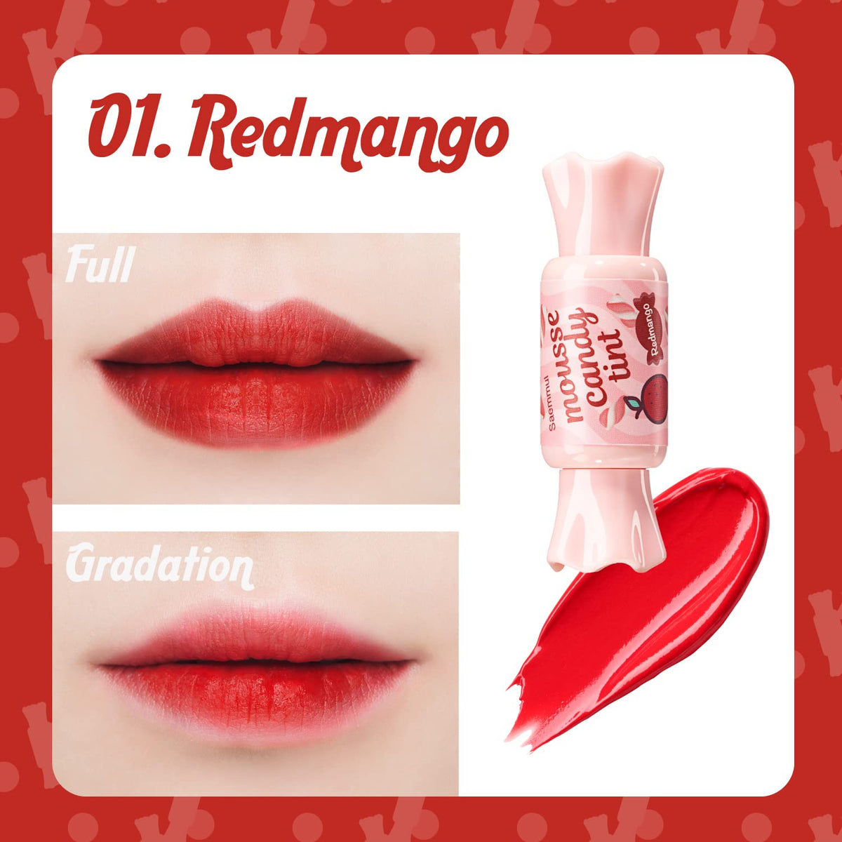 THESAEM Saemmul Mousse Candy Tint #1 Redmango Mousse - High Pigment Matte Finish Long Lasting Lip Stain with Honey Extracts to Hydrate Lips - Weightless & Smudge-Proof, 0.3 fl.oz.
