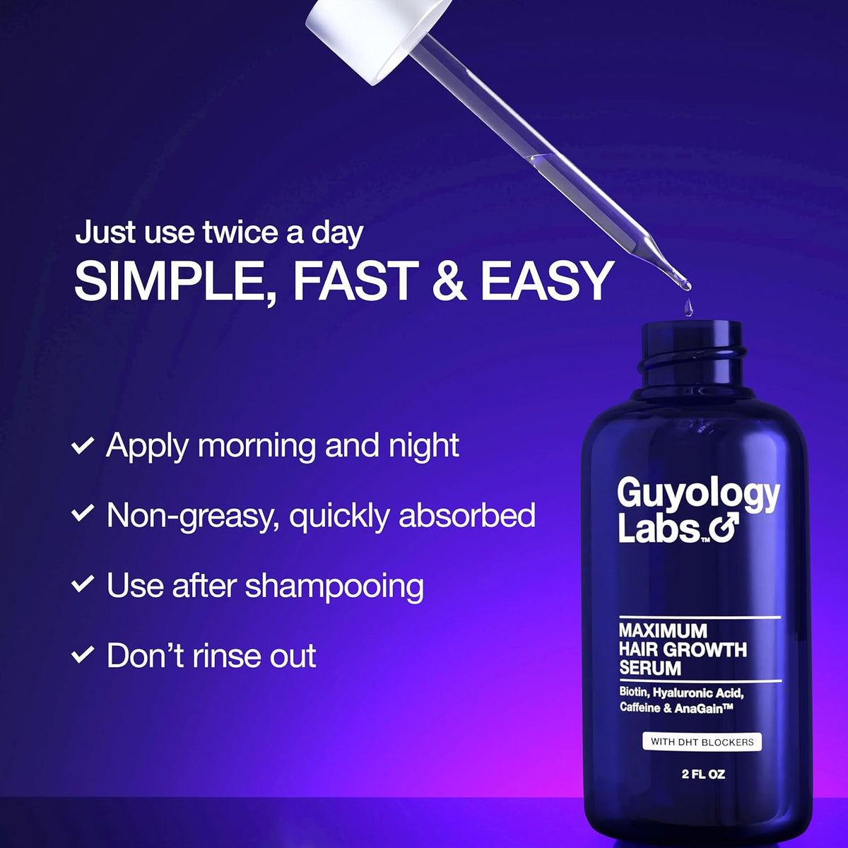 "Guyology Labs Biotin Hair Growth Serum for Men, Women & All Types of Hair - DHT Blocker & Scalp Serum - Hyaluronic Acid, Citrus - Anti Thinning Hair - Anti Hair Loss - Hair Regrowth - Made in USA"