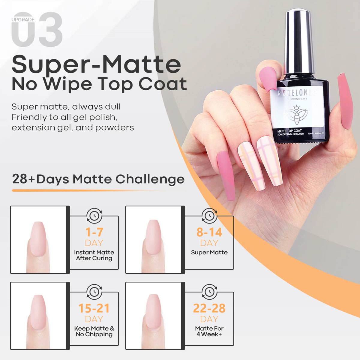 modelones Gel Top Coat Base Coat for Gel Nail Polish, 3 Pcs 10 ml No Wipe Matte & Shiny Top Coat, Long Lasting High Gloss and Matte Effects DIY at Home