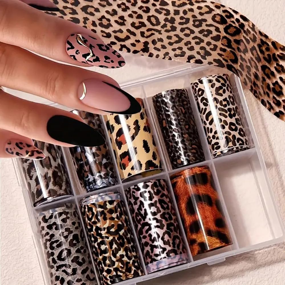10 Rolls Leopard Print Nail Art Foils Transfer Stickers Animal Print Adhesive Decals Snake Cheetah Print Nail Foils Holographic Stickers Fall Nail Art Supplies for Women Autumn Nail Decorations