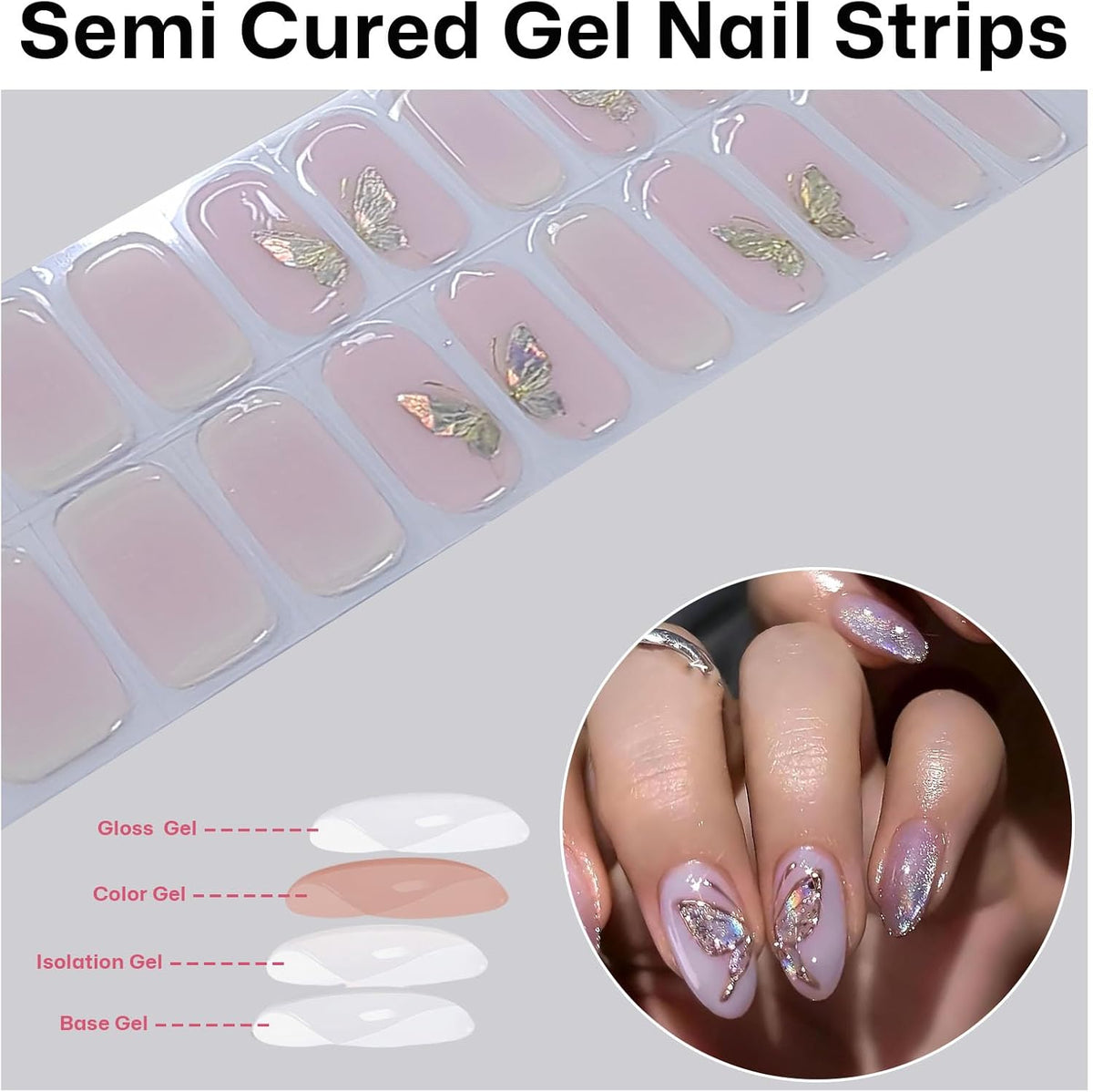 Semi Cured Gel Nail Strips with Butterfly Designs Gel Nail Stickers Glitter Full Cover Nails Wraps Need UV/LED Light with 2 Prep Pads 1Wooen Stick 1Nail File for Women 20Pcs