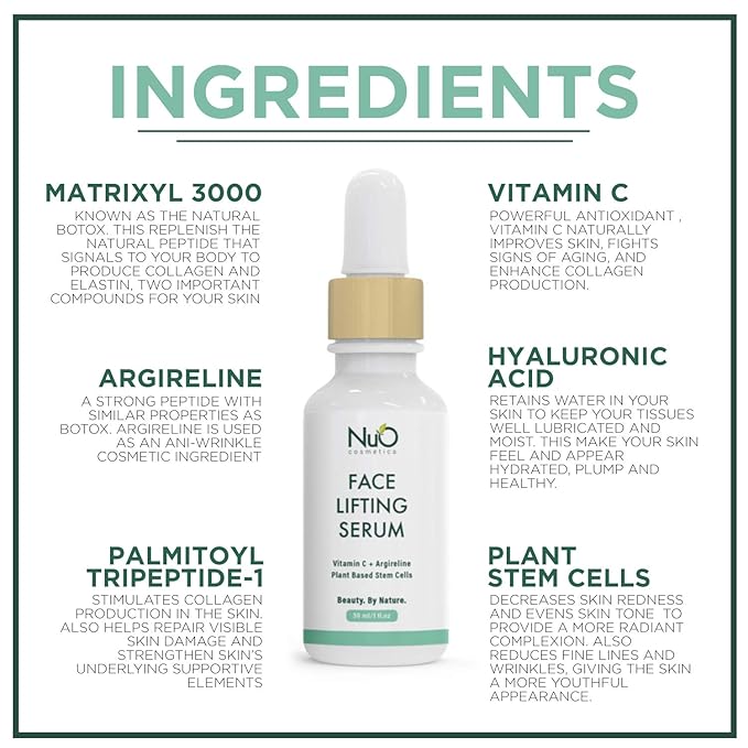 nuorganic Face Lifting Serum with Plant Stem Cells & Matrixyl 3000 - Advanced Anti-Aging to Minimize Fine Lines & Wrinkles - Vegan & Cruelty Free (1fl Oz)
