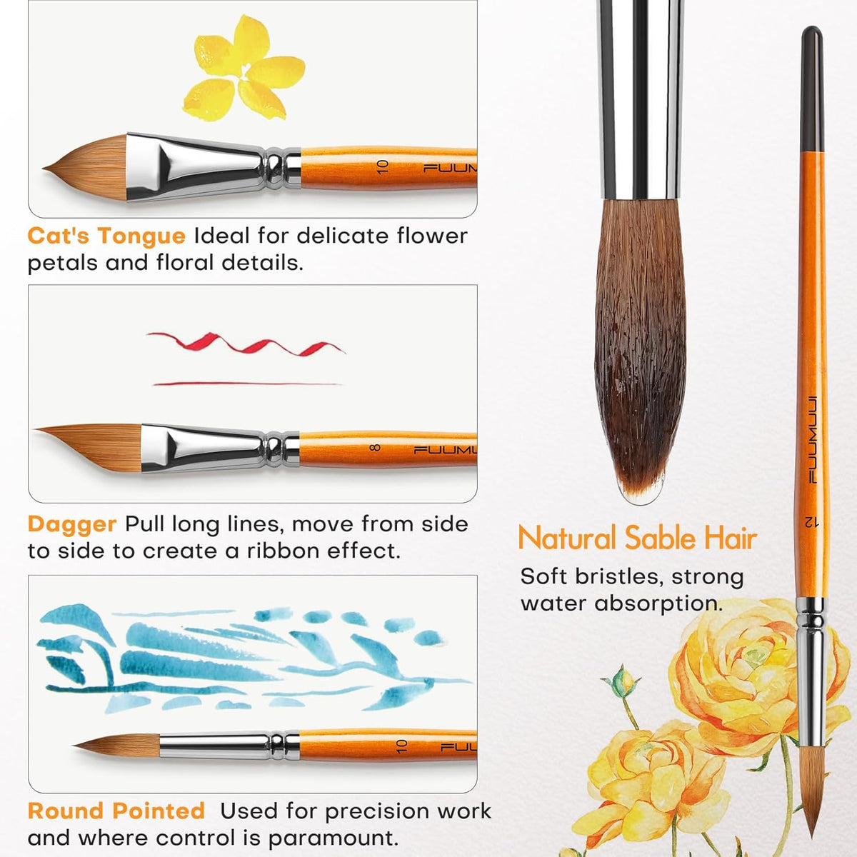 Sable Watercolor Brushes Kolinsky Watercolor Paint Brushes for Artists Professional 6pcs - Pointed Rounds Cat Tongue Oval Wash Dagger for Watercolor Acrylics Inks Gouache Painting