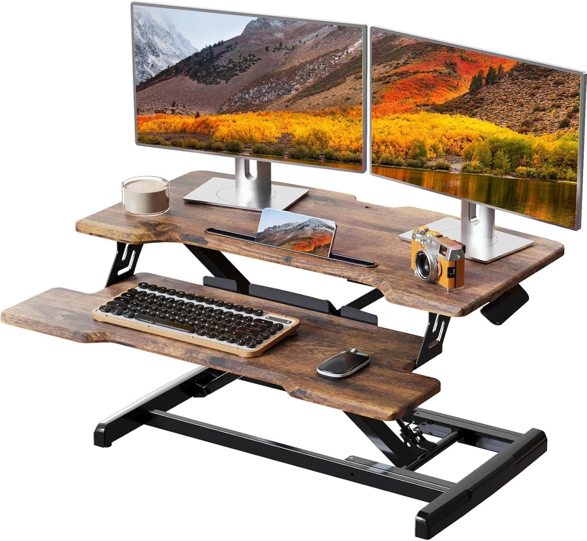 Standing Desk Converter 32 inch, Height Adjustable Sit Stand Desk Riser, Quick Sit to Stand Desktop Dual Monitor Riser Workstation for Home Office with Keyboard Tray, Rustic Brown