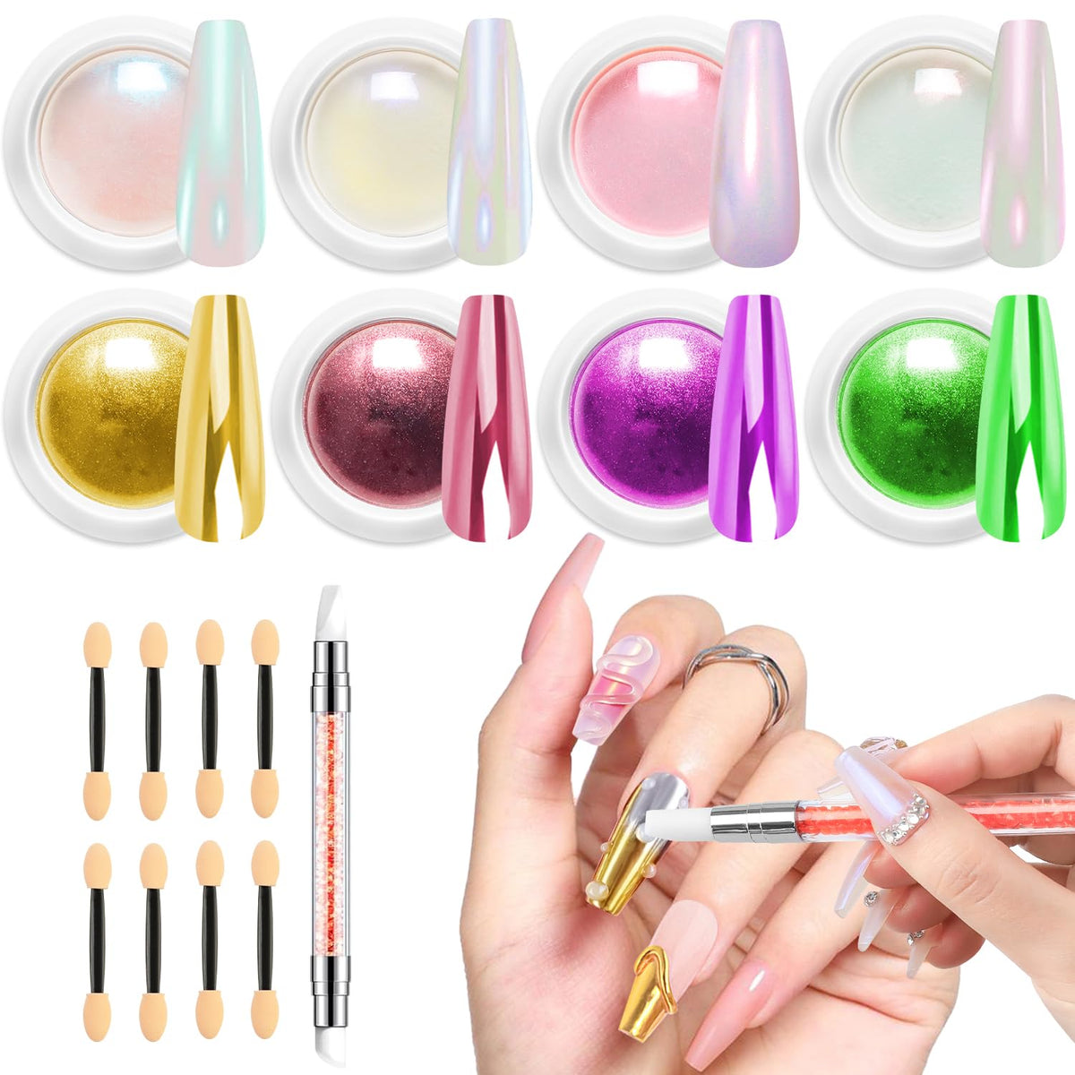 Gold Chrome Nail Powder BISHENGYF -【Fairy Effect】Pink Chrome Nail Powder White Pearl Aurora Mermaid Iridescent Rose Gold Red Nail Chrome Powder Metallic Mirror Glitter Pigment Dust for Nail Art DIY