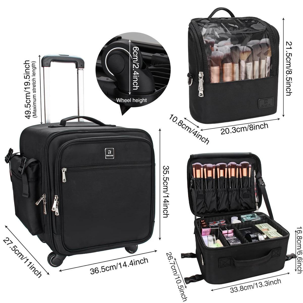 Relavel Rolling Makeup Case Professional Makeup Train Case Makeup Artist Travel Organizer 4 in 1 with Detachable Cosmetic Case and Dual Makeup Brush Case and Wheels (Black, 4-Pack)