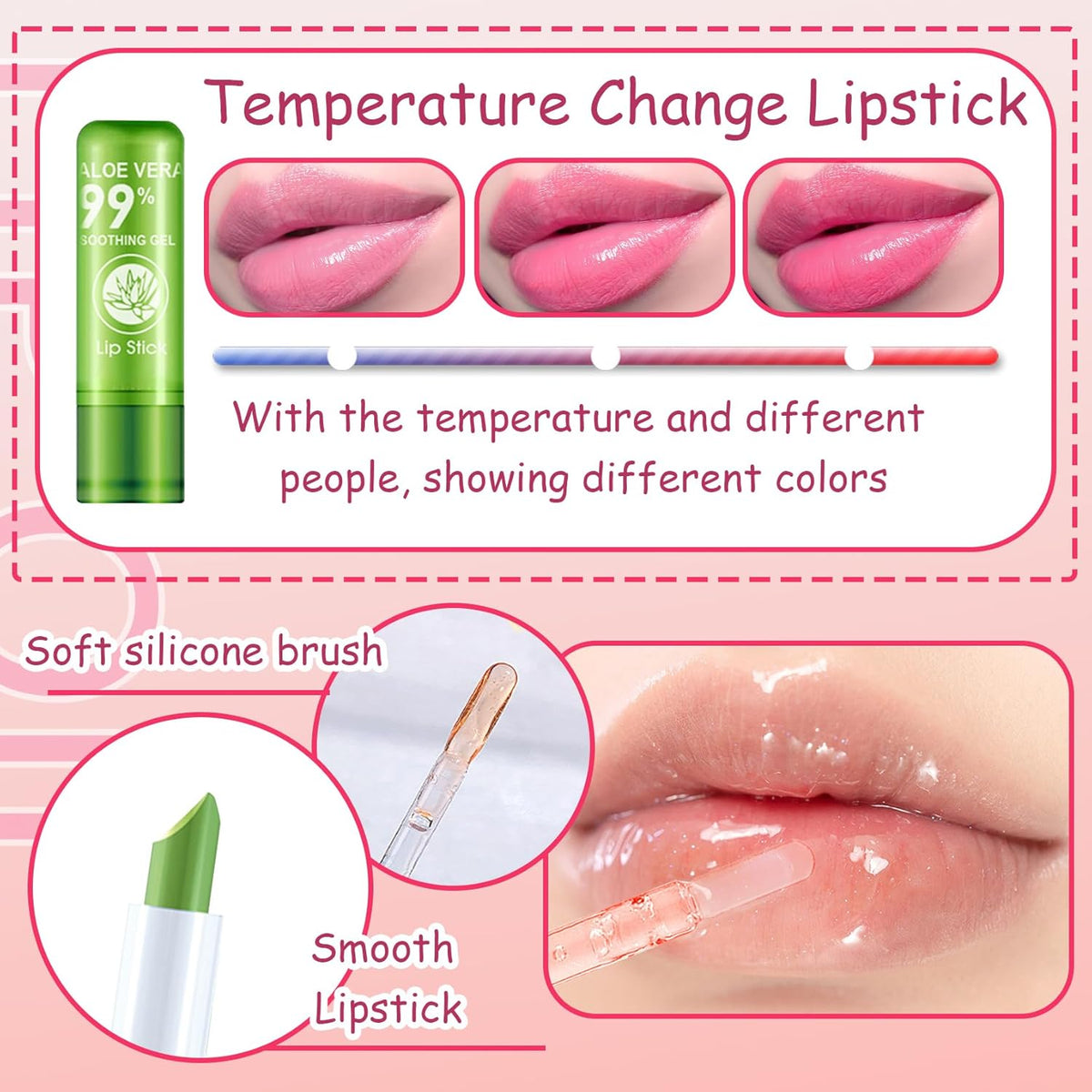 4 Pcs Shiny Lip Gloss Set,Non-sticky Long Lasting Moisturizing Lip Glow Oil Makeup Set with 2 Aloe Vera Color Changing Lipsticks for Women,Tinted Lip Balm & Lip Plumping Lip Gloss Set
