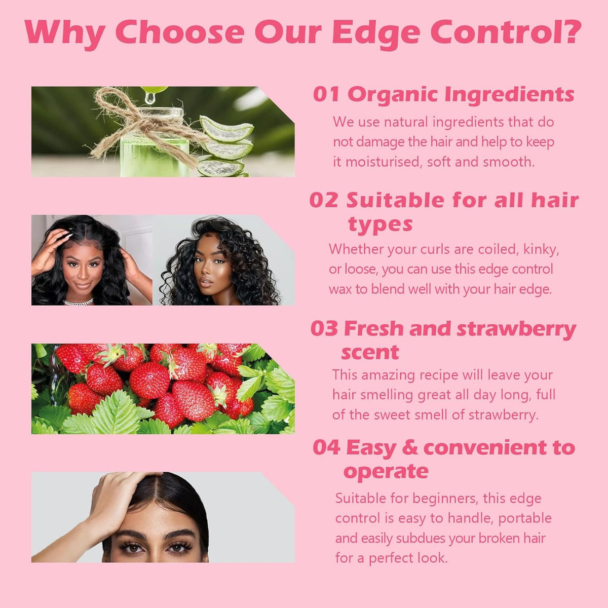 Goiple Edge Control Wax for Women Strong Hold Non-greasy Edge Smoother Strawberry Scent Edge Control Wax + Edge Scarf + Hair Bonnet, Pink