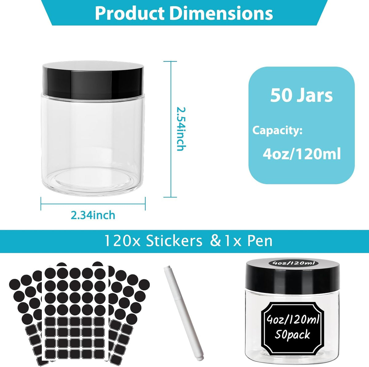 4 oz Clear Plastic Round Jars with Black Lids, 50pcs 4oz 120ml Leak-Proof Wide-Mouth Cosmetic Storage Containers for Kitchen Use, Beauty Products, Cream, Scrubs, Bath Salt and More