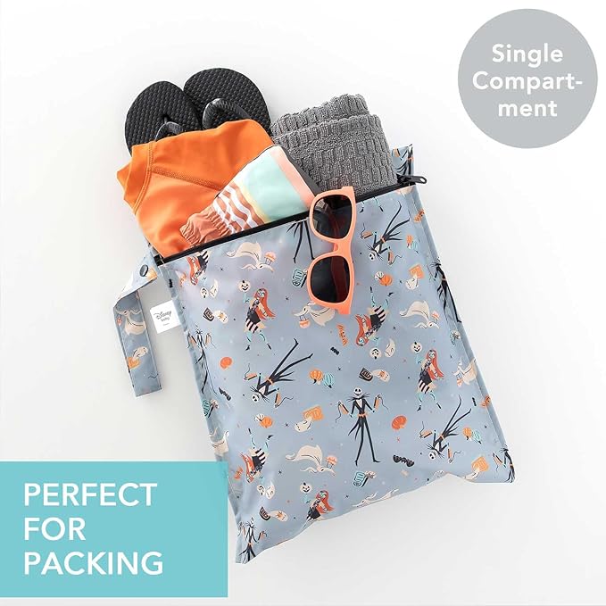 Bumkins Disney Waterproof Wet Bag for Baby, Travel, Swim Suit, Cloth Diapers, Pump Parts, Pool, Beach, Gym Clothes, Toiletry, Hook to Stroller, Daycare, Zip Reusable Wetdry, Nightmare Before Christmas